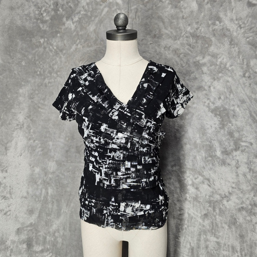 Style&Co Top Women Petite M Blk White Abstract Mesh Ruched Surplice Artsy Layer